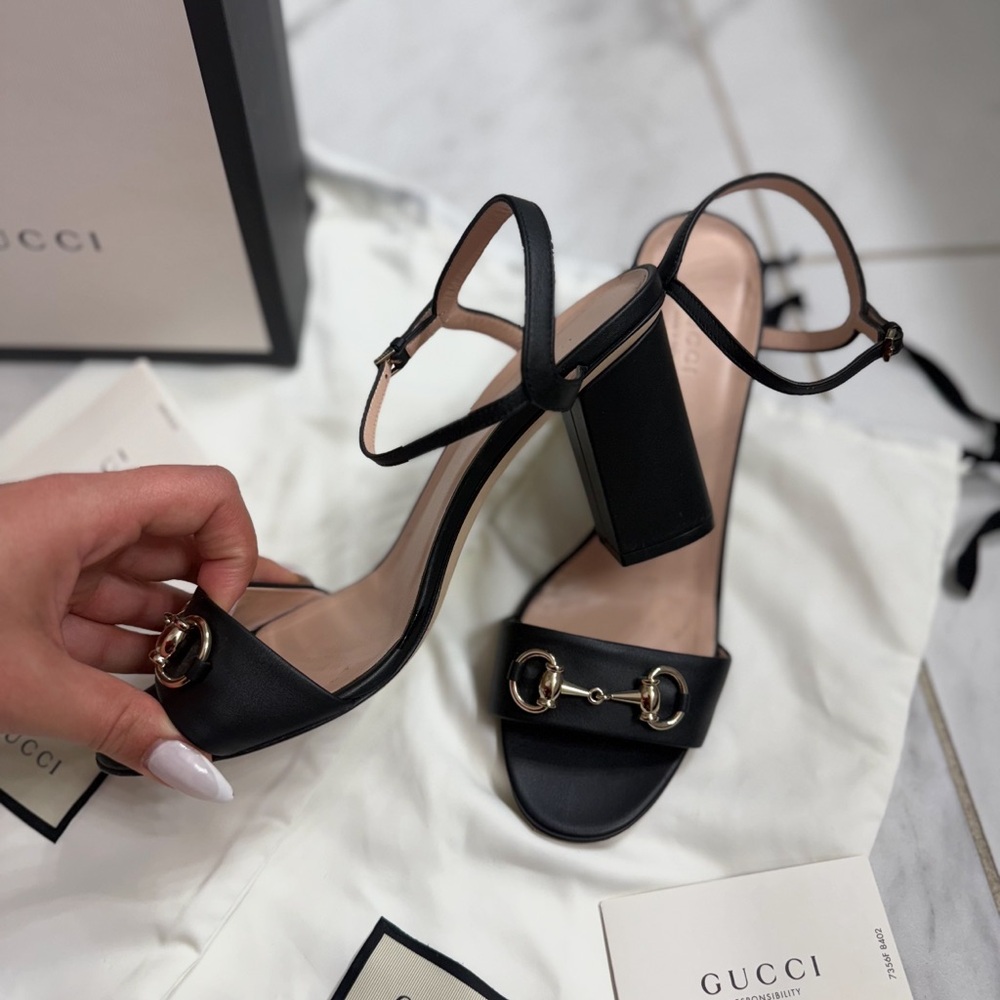 Gucci Black Leather Heeled Sandals